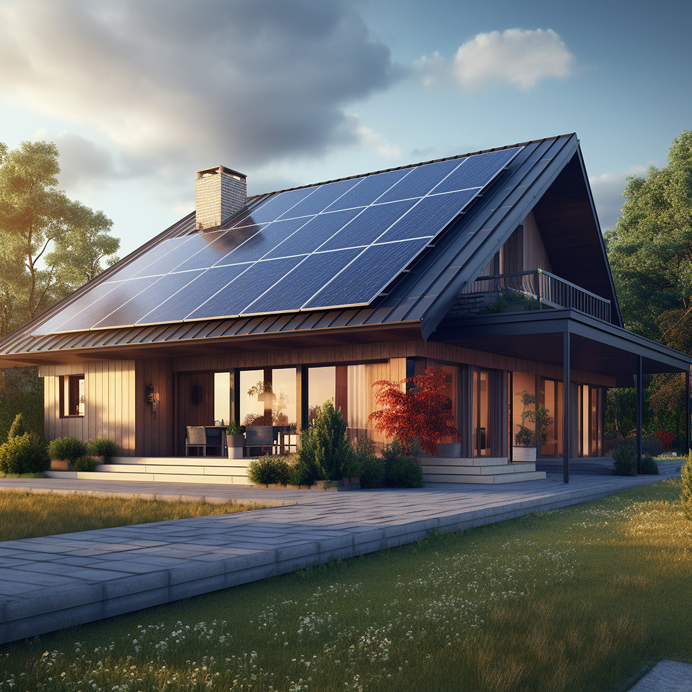 Villa with Solar Panels on Roof
