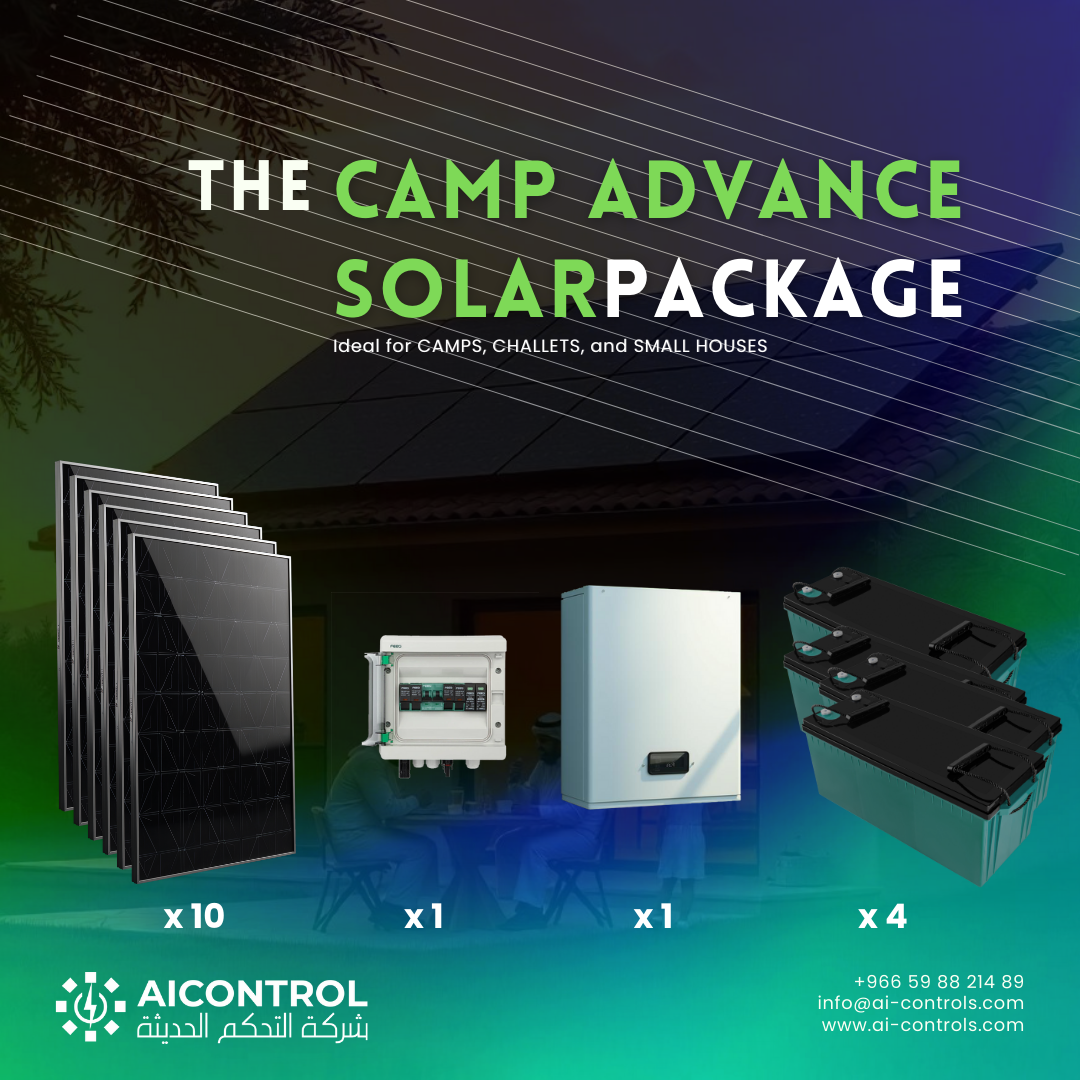 Solar Package showing panels, inverter, batteries, and combiner box for camping.