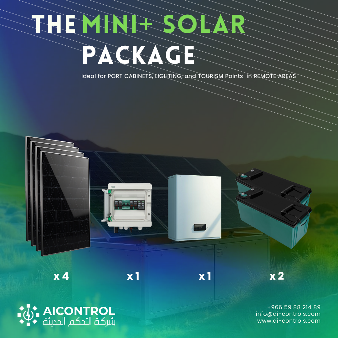Solar Package showing panels, inverter, batteries, and combiner box