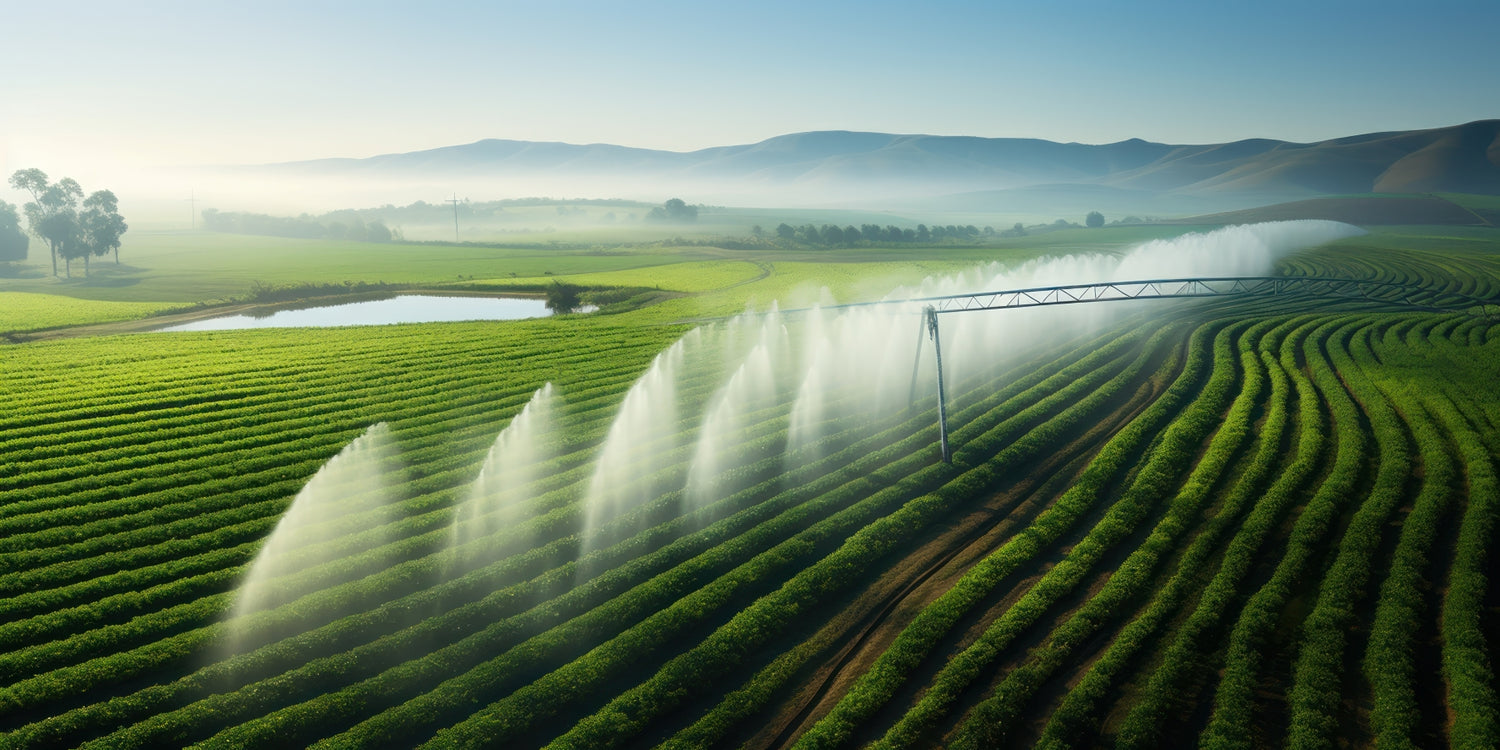 Solar Powered Irrigation with sprinklers water a greenery field