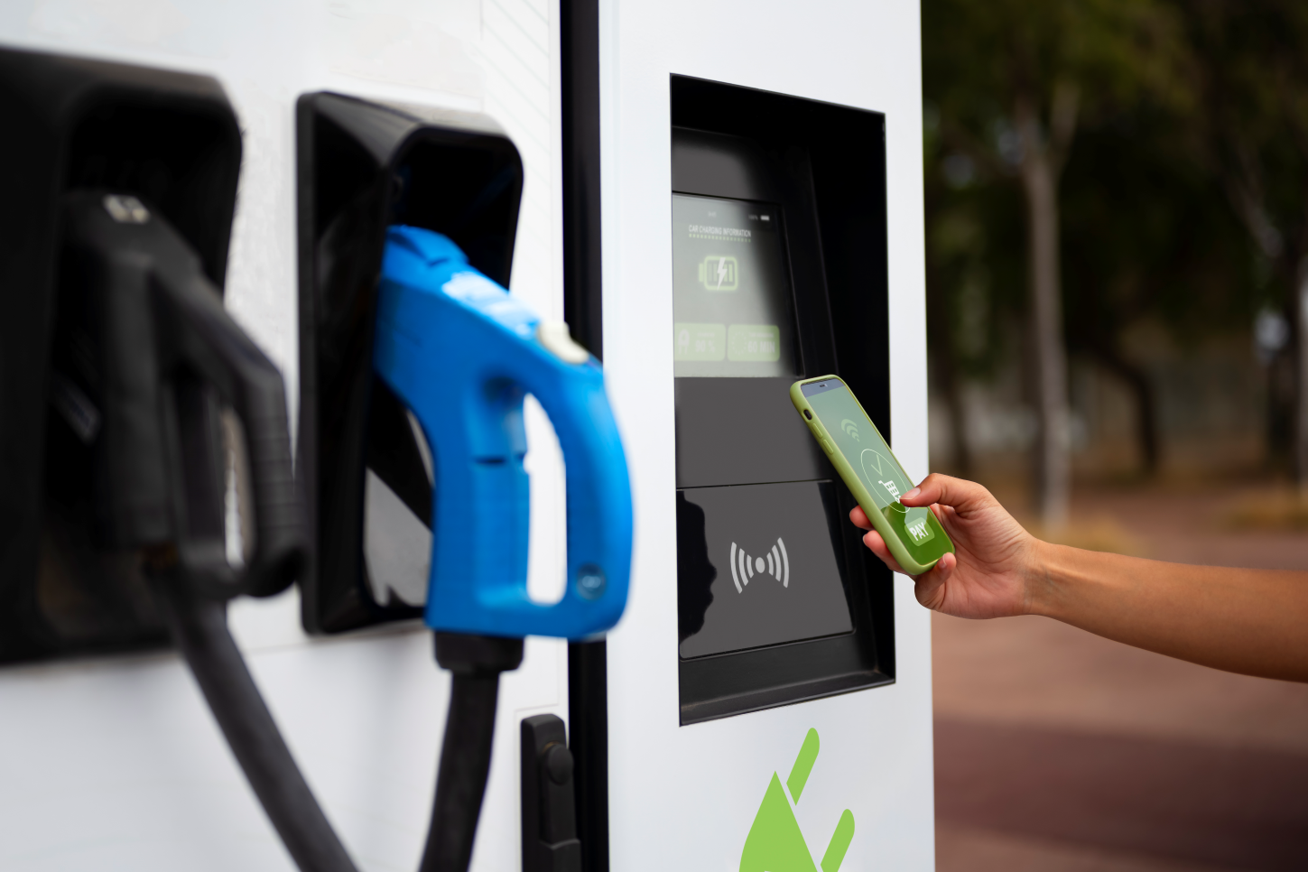 EV Charger with side-view-adult-paying-with-smartphone